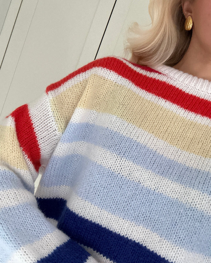 Pieces striktrøje olivia o-neck cloud dancer/goji-org-fvan-cabl-blui