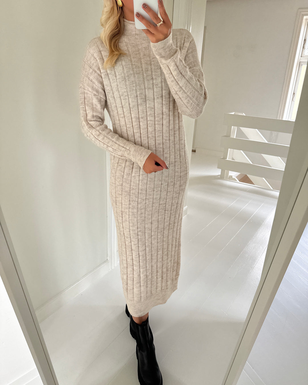 Vero Moda strikkjole willa ls funnelneck 7/8 birch/melange