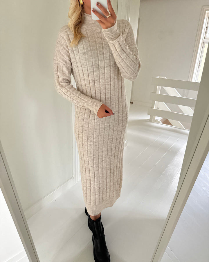Vero Moda strikkjole willa ls funnelneck 7/8 birch/melange