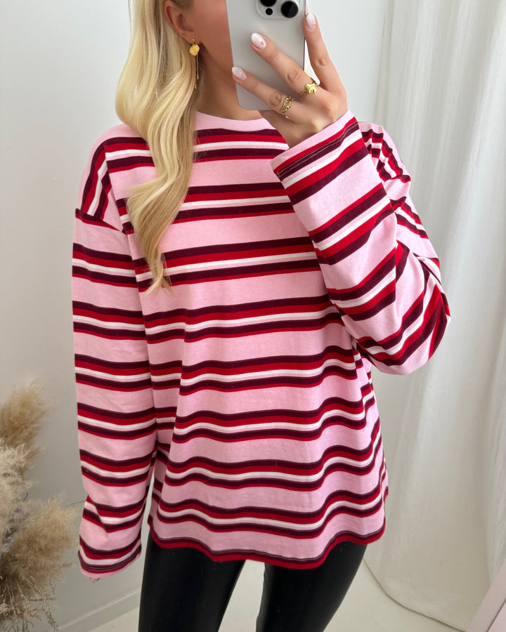 Pieces bluse flynn ls o-neck loose pink-a-boo/multi red