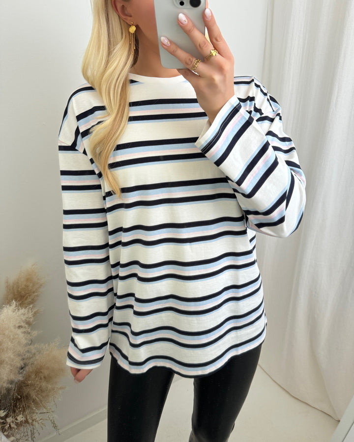 Pieces bluse flynn ls o-neck loose cloud dancer/multi blue