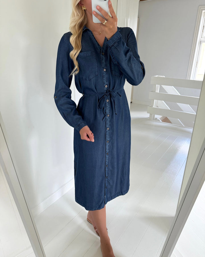 Only skjortekjole charis life ls belt dark blue denim