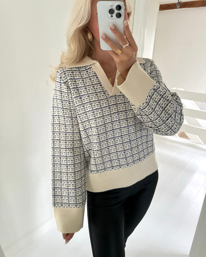 Y.A.S striktrøje livia ls v-neck knit birch/dazzling blue