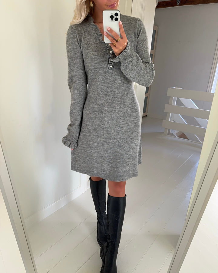 JDY kjole letty l/s v-neck frill knit light grey melange