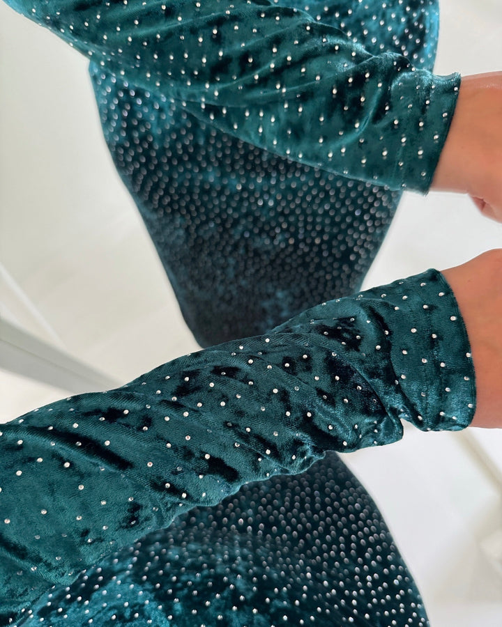 Y.A.S kjole tillia ls velvet long ponderosa/w. rhinestones
