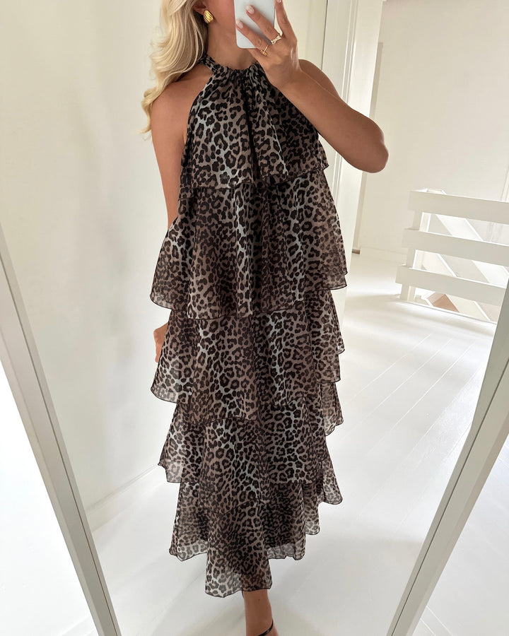 Y.A.S kjole eloise sl halterneck maxi birch/leo print