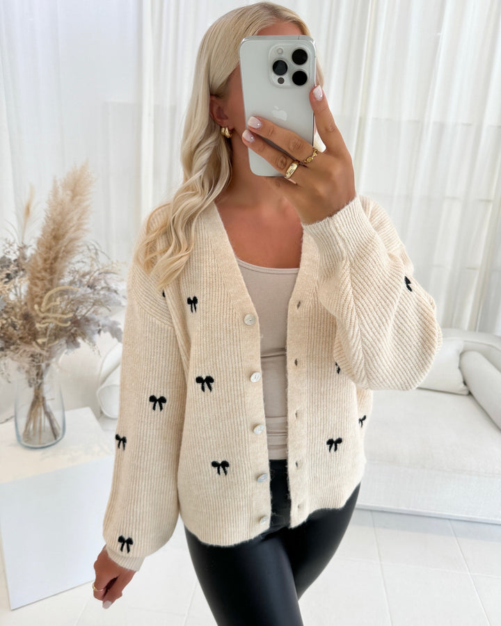 Y.A.S cardigan bow ls embroided knit s. birch/black bow