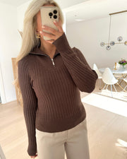 Magda l/s zip neck pullover chocolate brown/melange