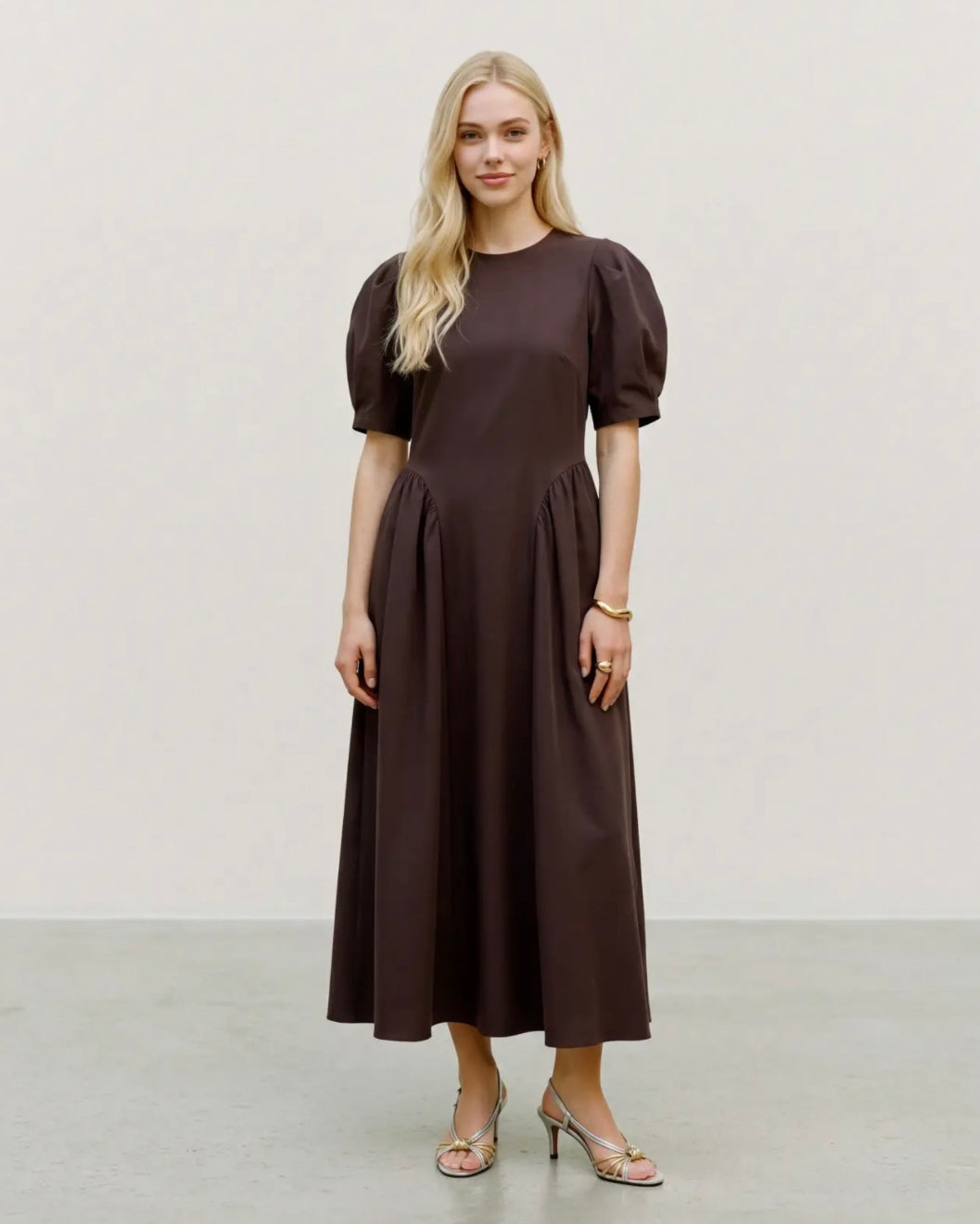 Vero Moda kjole sally puff sleeve ankle chocolate torte