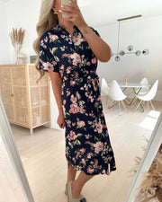 Bumpy ss calf shirt dress navy blazer/big flower