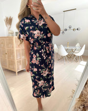 Bumpy ss calf shirt dress navy blazer/big flower