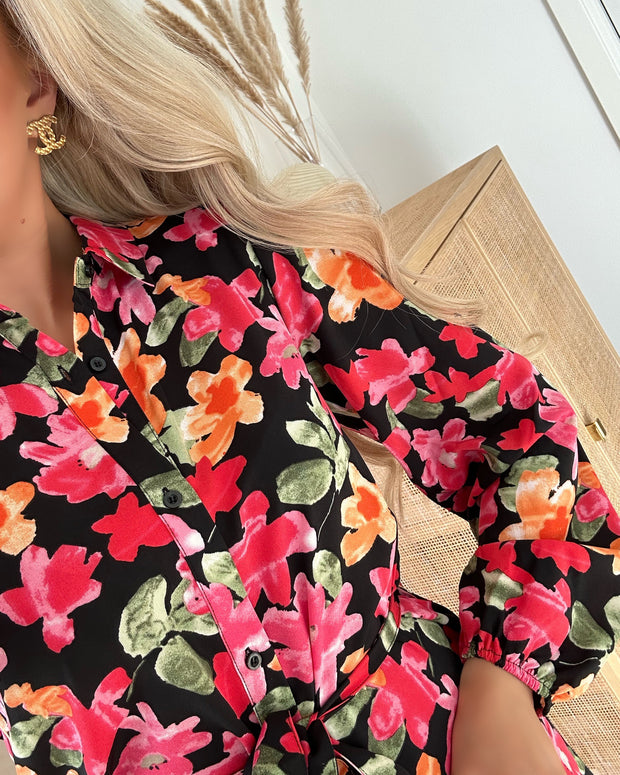Rosie ls shirt midi dress black/pink flower